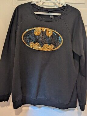 DC Comics Black Crewneck Sweatshirt with Gold Sequin Bat Emblem